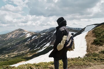 Hiker Admiring Mountain View in Svydovets Range, Ukraine