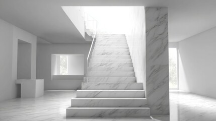 Obraz premium A staircase with white marble steps, surrounded by clean lines and a minimalist design, featuring a simple metal handrail in a bright space