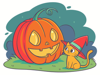Halloween A cartoon pumpkin with a cat, evil halloween, cute halloween, celebrating, pumpkin, October, autumn, fall.
