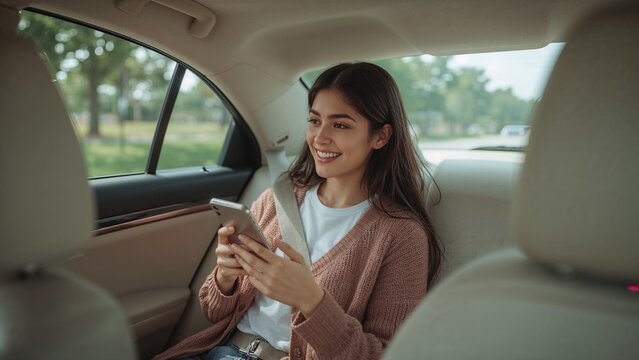 Smiling passenger engrossed in mobile phone during comfortable taxi ride in daylight hours