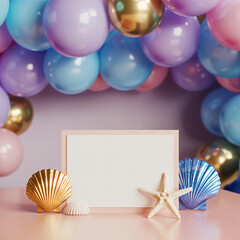 Pastel Party Setup with Seashells and Blank Card