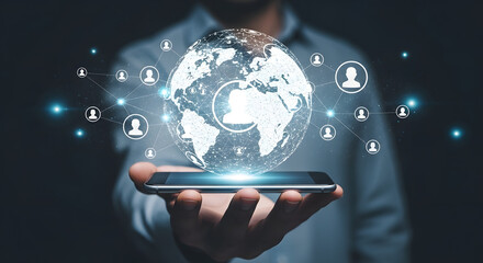 Man displays global network connection on smartphone.