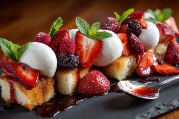 Gourmet berry dessert with golden cake, fresh cream, and vibrant fruit presentation.