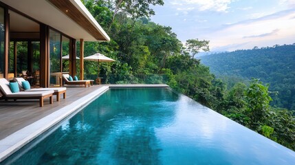 Luxurious jungle ecoresort with infinity pool, blending modern comfort with sustainability