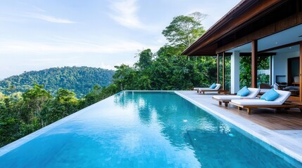 Luxurious jungle ecoresort with infinity pool, blending modern comfort with sustainability