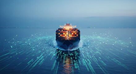 Cargo Ship Navigating in Open Ocean with Digital Data Overlay