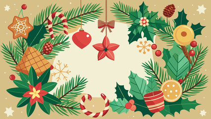 Vector art of a festive christmas wreath decoration with pine branches, poinsettias, stars, cookies, and candy canes on a beige background