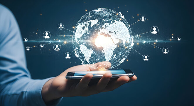 A person's hand holds a smartphone displaying a glowing digital globe interconnected with global network nodes.