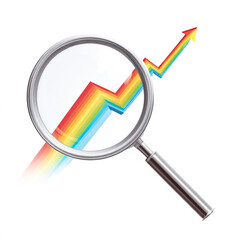 Magnifying glass with an arrow pointing up, a rainbow graph line, vector illustration, white background.