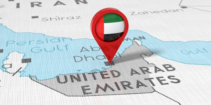 United Arab Emirates, Abu Dhabi - location pin with national flag on political map - 3D illustration