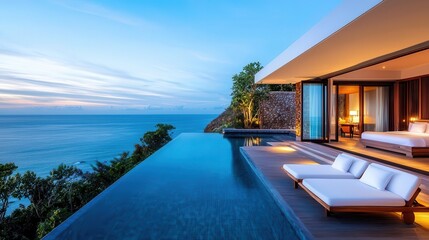 Fototapeta premium Cliffside ecohotel with breathtaking ocean views, designed for maximum sustainability and comfort