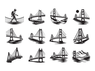 Collection of bridge silhouette images showcases diverse architectural styles, urban and scenic landscapes, transparent background