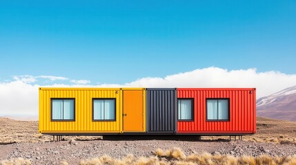 Recycled shipping container hotel in a remote wilderness, showcasing innovative sustainable design