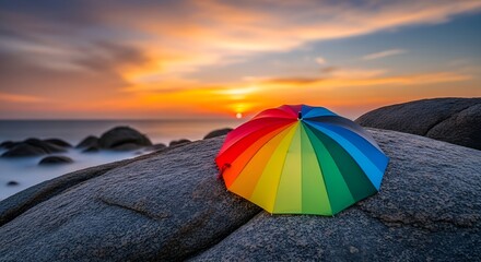 Colorful umbrella on rocky beach at sunset seascape photography travel destination vacation