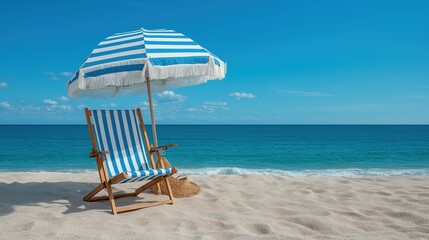 Blue striped beach chair and umbrella on sandy shore near the ocean