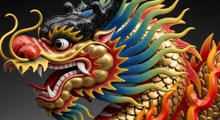 Fototapeta premium Detailed colorful chinese dragon sculpture close up perfect for asian art designs