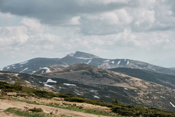 Snow-capped mountain range in Svydovets, western Ukraine