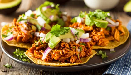 Sierkussen Restaurant Layering Chicken Tinga Tostadas with Avocado and Onion. Mexican Food Close Up  © Stanislava