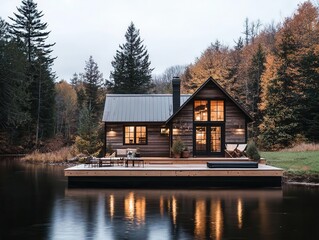 Naklejka premium Charming ecocottage by a river, designed with reclaimed wood and energyefficient systems
