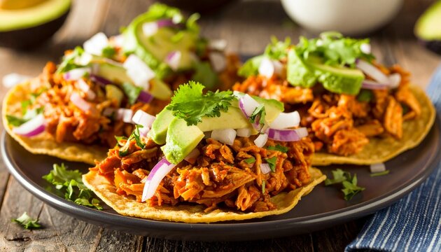 Layering Chicken Tinga Tostadas with Avocado and Onion. Mexican Food Close Up