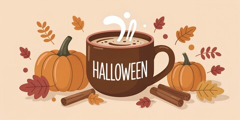 Cozy halloween hot chocolate with pumpkins and autumn leaves