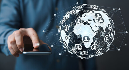 A person holding a smartphone, connected to a globe representing global networking and communication.