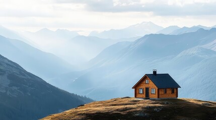 Fototapeta premium Offgrid cabin in the mountains with a breathtaking view, powered by renewable energy