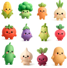 Obraz premium Cute cartoon vegetable characters set isolated on transparent background for kids design