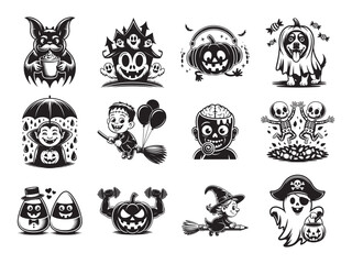 Fototapeta premium Halloween cartoons collection showcases monsters, vampire, and skeleton characters enjoying holidays in creative black designs