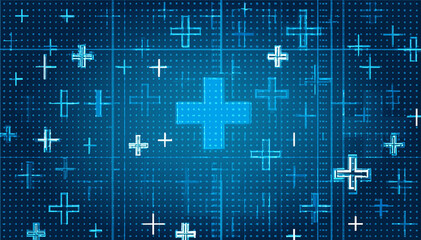 Futuristic digital blue background with glowing medical cross icons, symbolizing technology in healthcare, innovation, and modern medical systems with a tech-themed grid pattern.