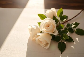 Sunlight illuminates elegant white roses and delicate leaves on textured off-white paper, evoking a wood aesthetic,   white background,   sunlit