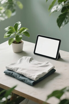 T-shirts clothing eco-friendly packaging envelop  tag blank note tablet screen mockup photo E-commerce marketing poster Background shooting scene