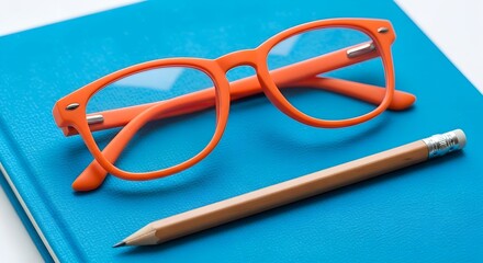 Orange glasses and pencil on blue book background for study and education concept