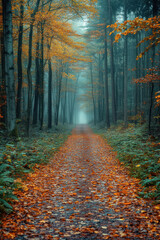 Fototapeta premium Path through forest with yellow leaves.