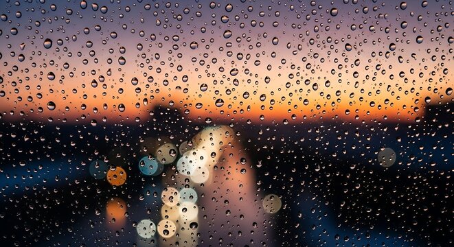 Rainy day window view with sunset and city lights bokeh for background wallpaper hd