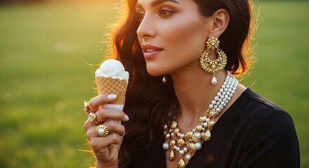 A beautiful woman with jewelry holds an ice cream cone outdoors