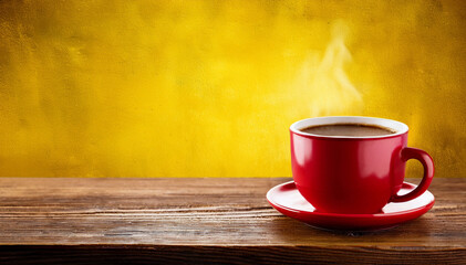 Red ceramic coffee cup with steam rising, placed on rustic wooden surface against a bright yellow textured wall for a cozy, energetic mood.