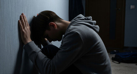 Upset teenager in a dark room after being bullied by peers. Bullying at school, bullying at work, bullying among friends