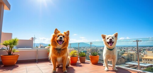 Two playful dogs enjoy a sunny rooftop terrace, summer, golden retriever