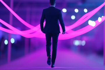 A businessman walking on a holographic tightrope, balancing over collapsing financial graphs, abstract, glowing lines. , closes up