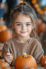 Fototapeta premium Little girl sitting in front of pumpkins.