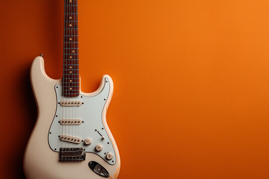 Abstract background with copy space, close-up of an electric guitar on an orange-brown color background. - Powered by Adobe