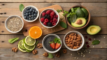 Overhead view of a healthy breakfast spread with berries avocado nuts and seeds on a wooden table