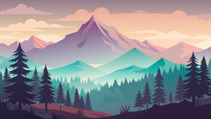 Vector art of a striking flat illustration showcases a prominent mountain peak surrounded by layered hills and pine trees during a colorful sunset