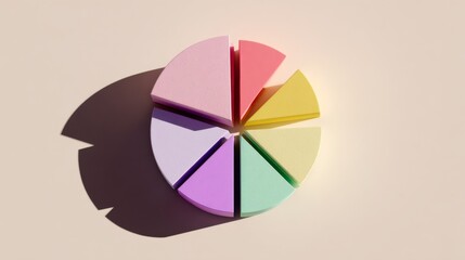 Obraz premium A top-down view of a D pie chart with vibrant colors and varying segment sizes, representing budget allocation, set against a light surface for emphasis.