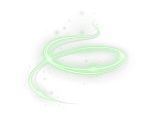 Light green twirl with luminous glow and neon curve. Glowing green light beam, swirl, and spiral effect PNG. Transparent overlay for futuristic design and decoration.