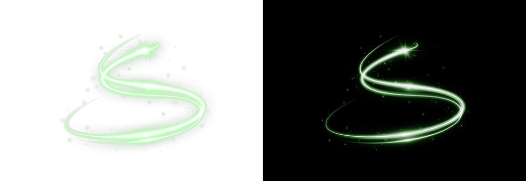 Light green twirl with luminous glow and neon curve. Glowing green light beam, swirl, and spiral effect PNG. Transparent overlay for futuristic design and decoration.