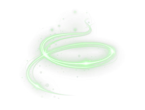Light green twirl with luminous glow and neon curve. Glowing green light beam, swirl, and spiral effect PNG. Transparent overlay for futuristic design and decoration.