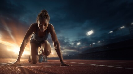 A Black female athlete in the starting position of running on an indoor track, ready to start her race with determination and focus.