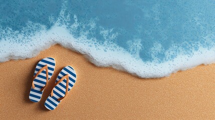 Striped flip-flops on sand near foamy beach waves